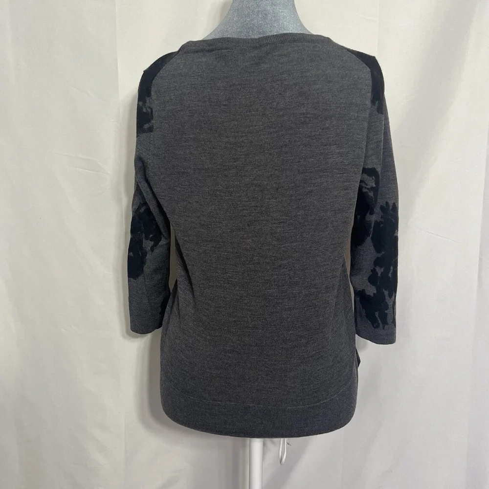 Talbots Size Mp Gray Black Floral Print Merino Wool 3/4 Sleeve Cardigan Sweater